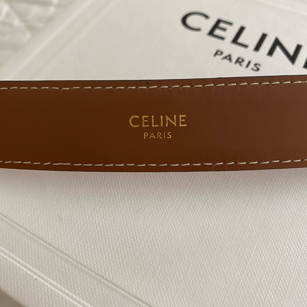 Celine Tan Leather Belt with Gold Logo - Picture 3 of 5